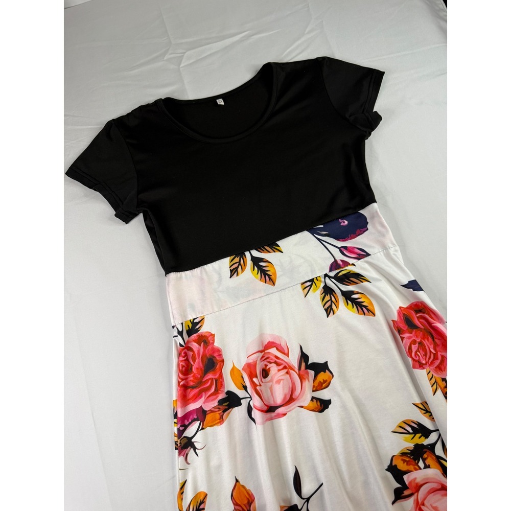 Womens Floral Empire Waist Midi Dress Black Pink Rose Short Sleeve Size M